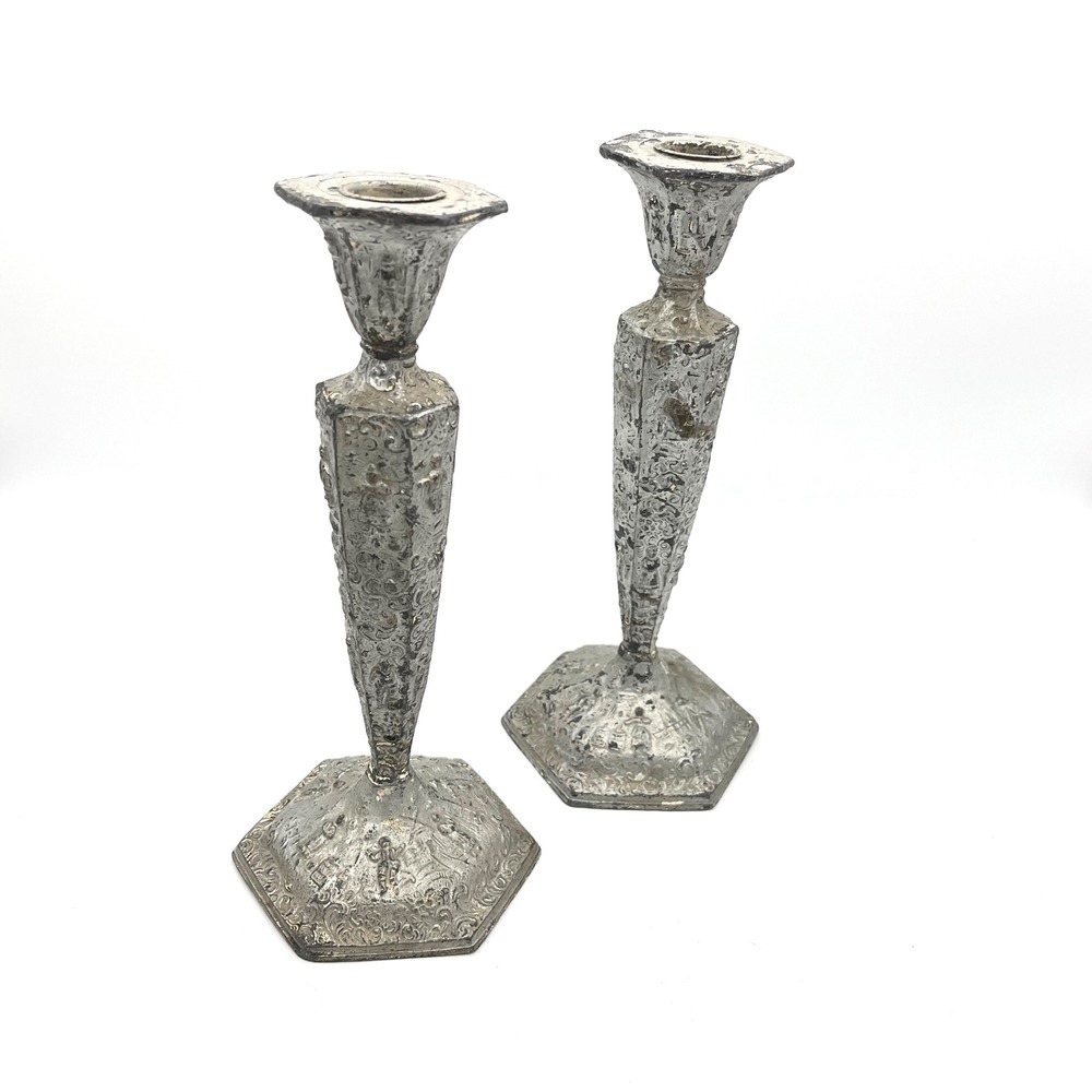 Vintage Rogers Silver Plate Ornate Embossed Hexagonal Candlesticks Pair 16338